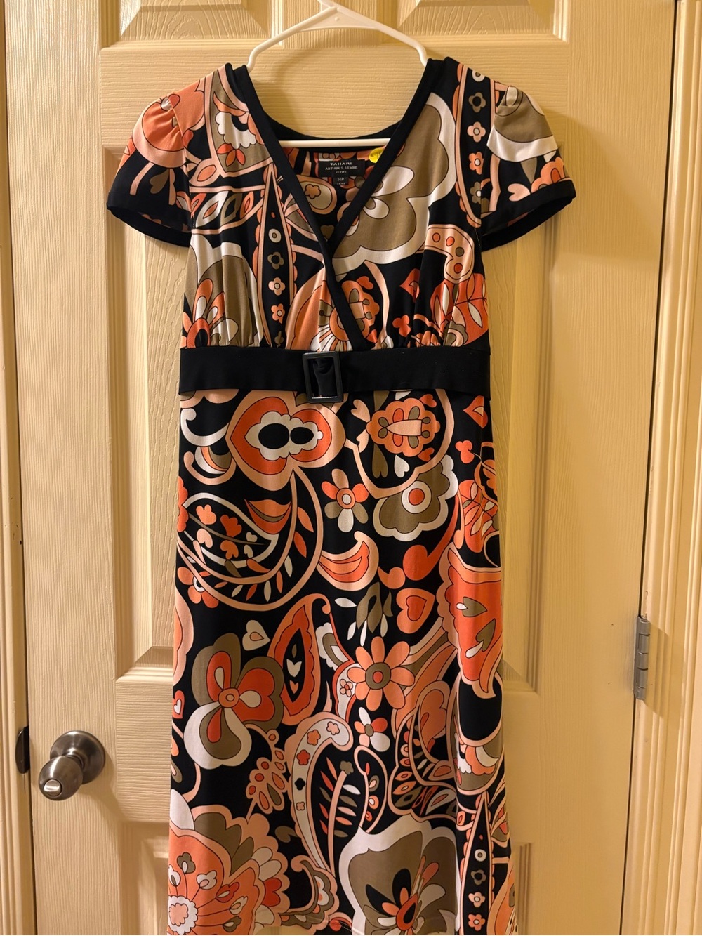 Tahari Floral Wrap-Style Midi Dress in Black and Coral